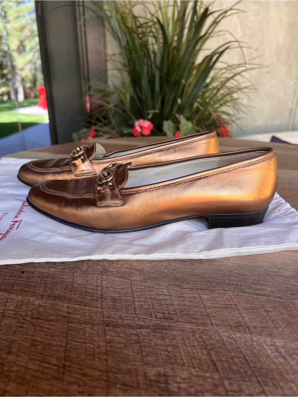 Salvatore Ferragamo Metallic Bronze/Copper Leather Bit Loafers
